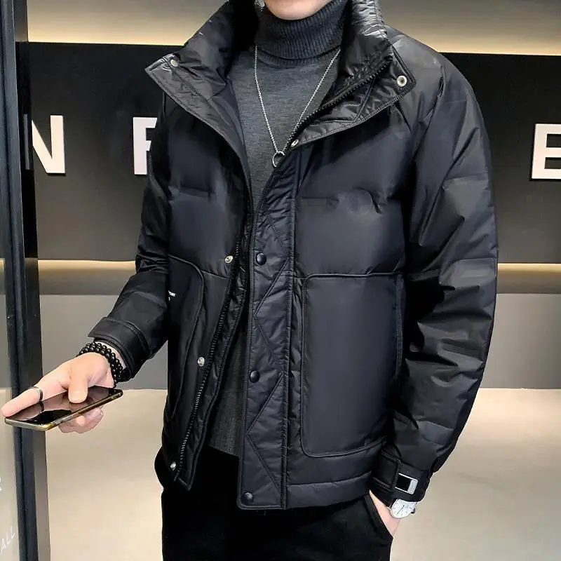 

Men's 2025 New Winter Jacket Short Puffer Coat with Embossed Design Waterproof Warm Thick Fleece Lined Stand Collar Outerwear
