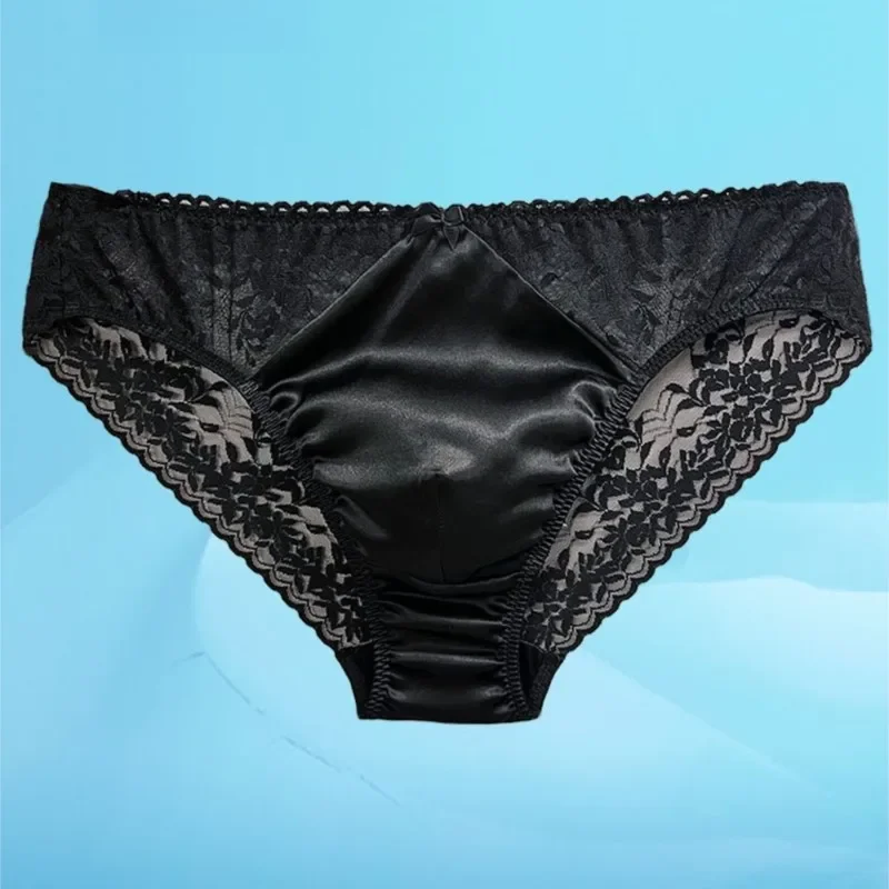 Sexy Men's Silk Lace Sheer Briefs Cross‑dressing Mid‑Waist Underwear U Convex Pouch Seamless Comfortable Male Underpants