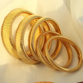 Waterproof Stainless Steel Retro Elasticity Thick Metal Polish Bracelet 18K Gold Plated…