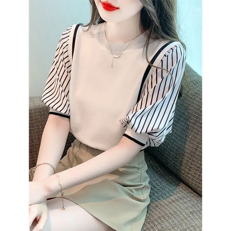 Summer Fashion Two-piece Striped Patchwork Short Sleeved T-shirt Women\'s Clothing Round Neck Loose Half Sleeve Pullover Top