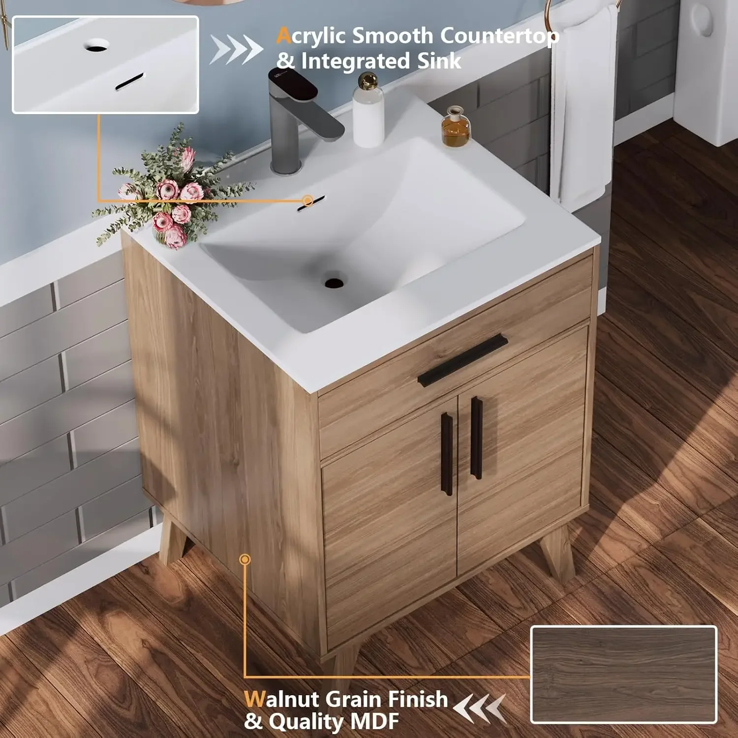 Tocador de baño con lavabo combinado, conjunto de gabinete de baño individual pequeño y moderno de mediados de siglo, lavabo integrado, puertas de cierre suave