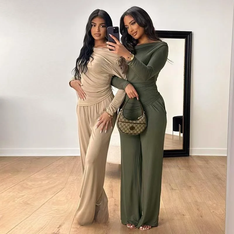 

Casual Long Sleeve T-Shirt Wide Leg Pants Set Women's Fashion Spring Collection Polyester Fabric Two-Piece Ensemble