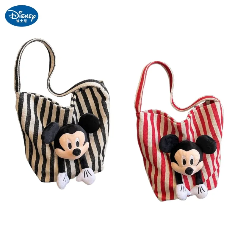 Disney Mickey creative three-dimensional cute doll striped one-shoulder canvas bag striped magnetic buckle commuter tote bag