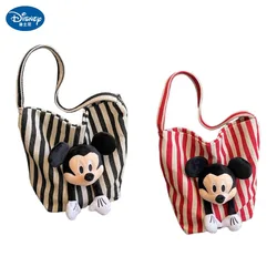 Disney Mickey creative three-dimensional cute doll striped one-shoulder canvas bag striped magnetic buckle commuter tote bag
