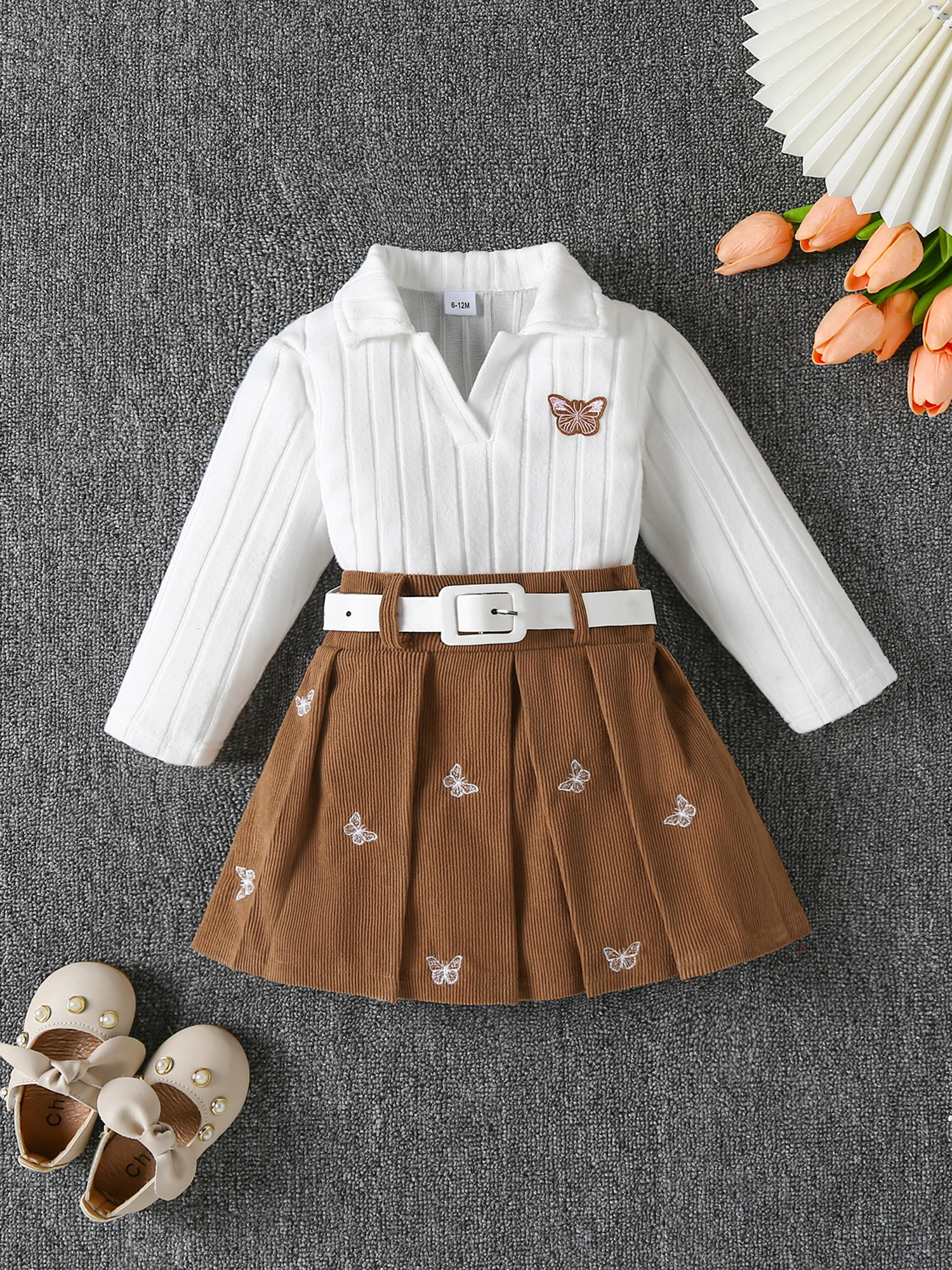 Roupa de inverno fofa para meninas com bordado floral jaqueta com capuz e saia larga e faixa de cabeça com laço combinando