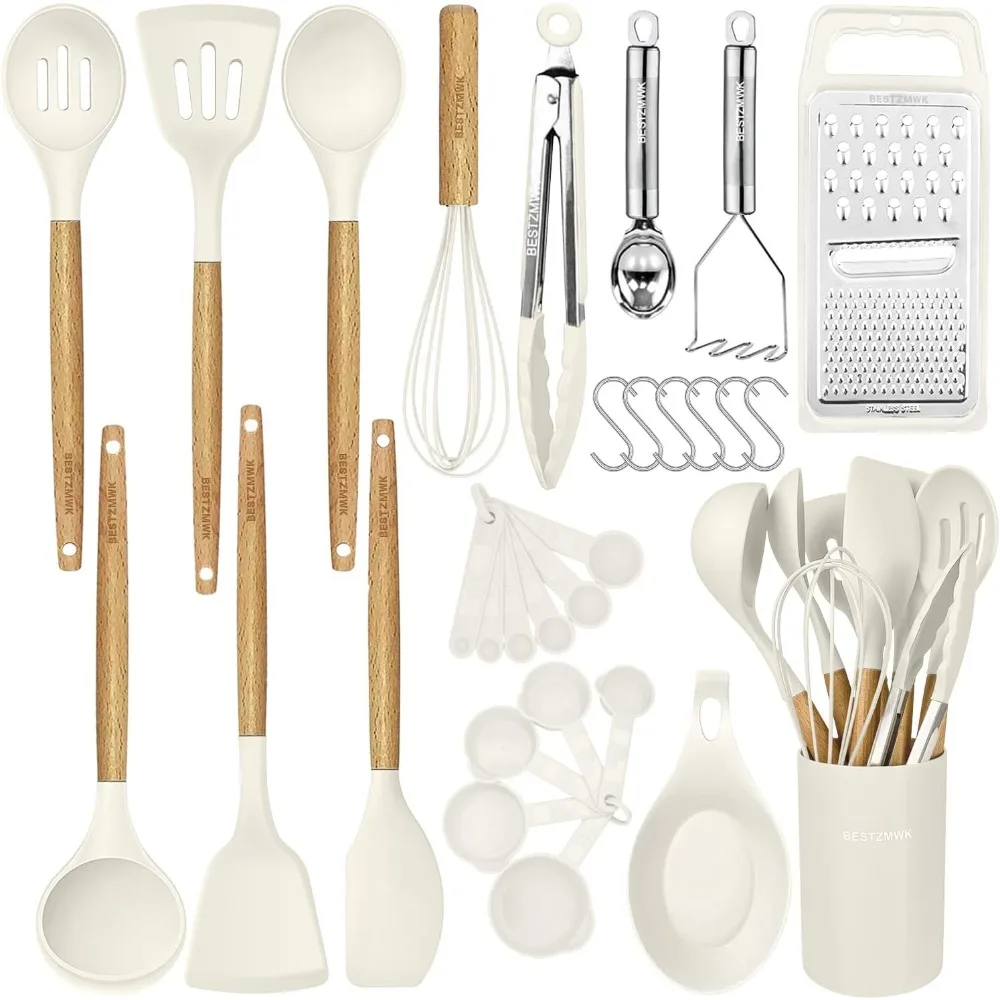 

kitchen cooking utensils set,29 pcs non-stick silicone cooking kitchen utensils set with holder, wooden handle silicone kitchen