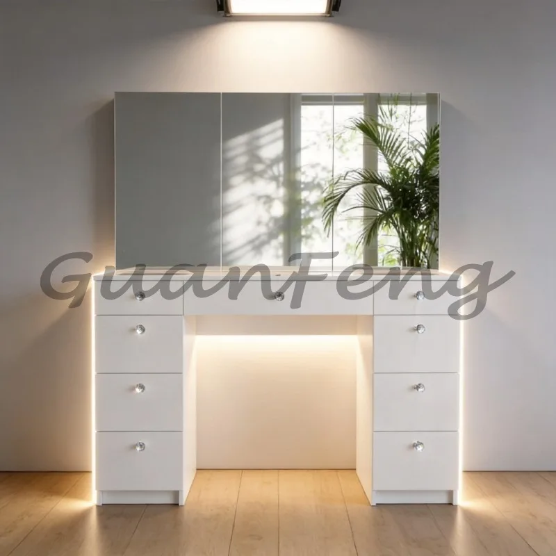 Modern White Glass‑Top Makeup Vanity Dressing Table, Vanity Cabinet Desk With 9 Storage Drawers & Elegant Crystal Ball Knobs