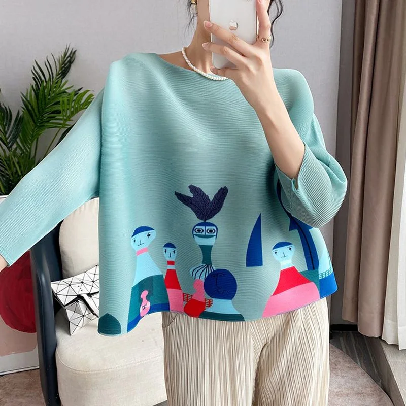 Summer New Round Neck Three Quarter T-Shirts Women High Street Casual Loose Y2K Printing Pullovers Elegant Pleated All-match Top