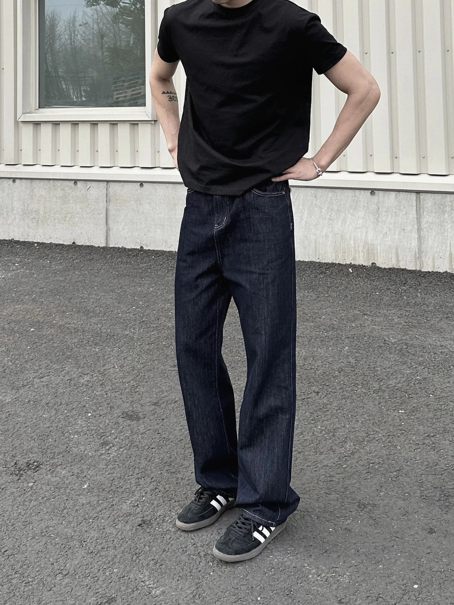 

American Cleanfit Straight Leg Deep Blue Original Denim Jeans Men Casual Commute Versatile Loose Stitching Simple Long Pants