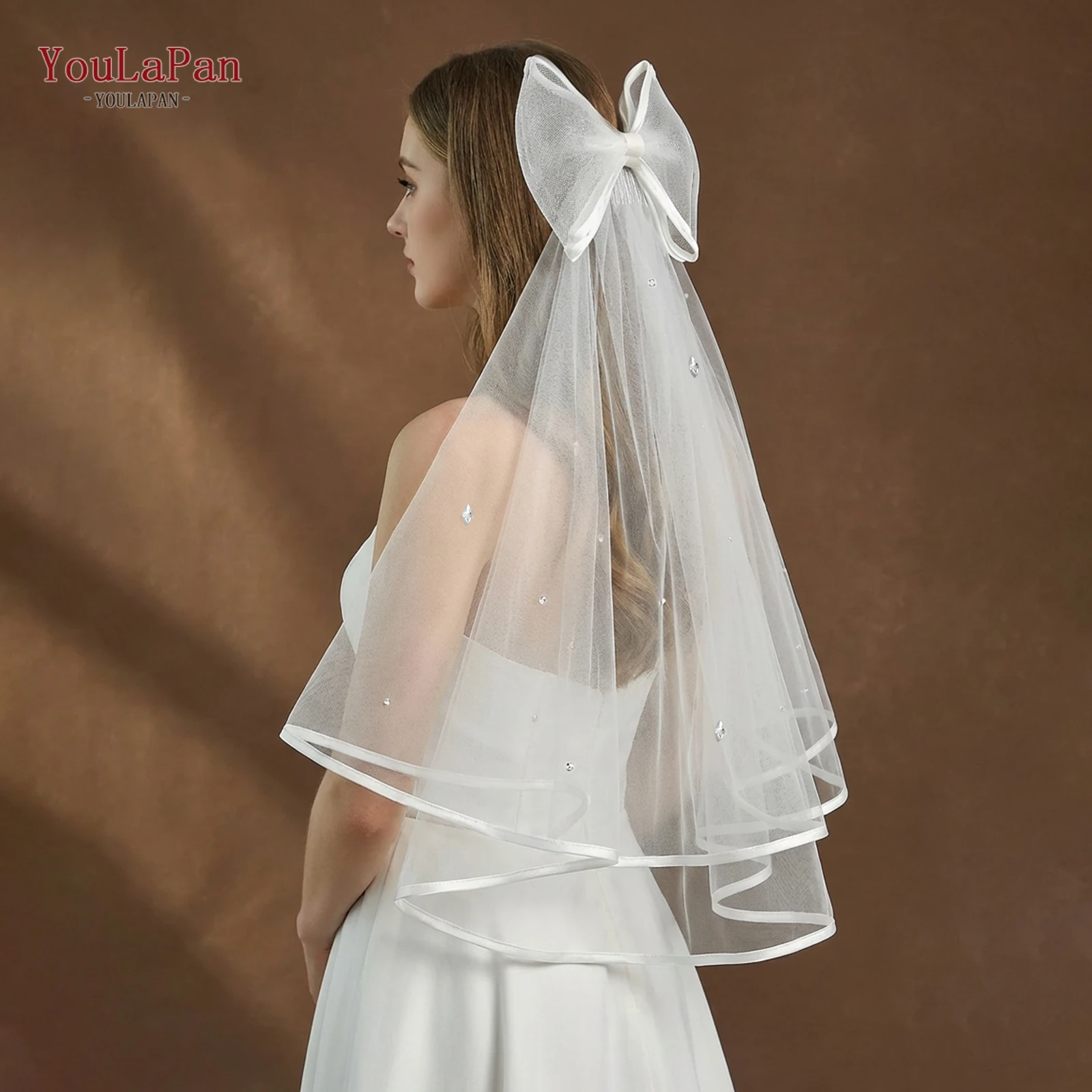 

Элегантная свадебная фата TOPQUEEN, двухслойная, с бантом, короткая, милая, игривая, для вечеринок, белая, молочно-белая, с возможностью индивидуального заказа V325