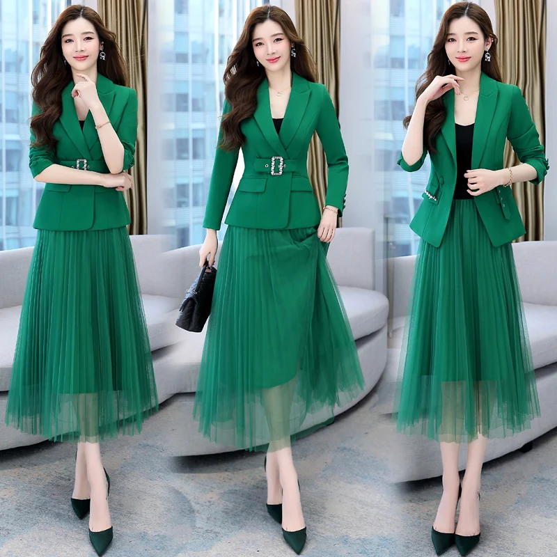 High Quality Spring Autumn Long-Sleeved Blazer Coats Mesh Pleated Mid Skirt Slim Commuter Casual Woman Skirt Suit 2 Pieces Sets