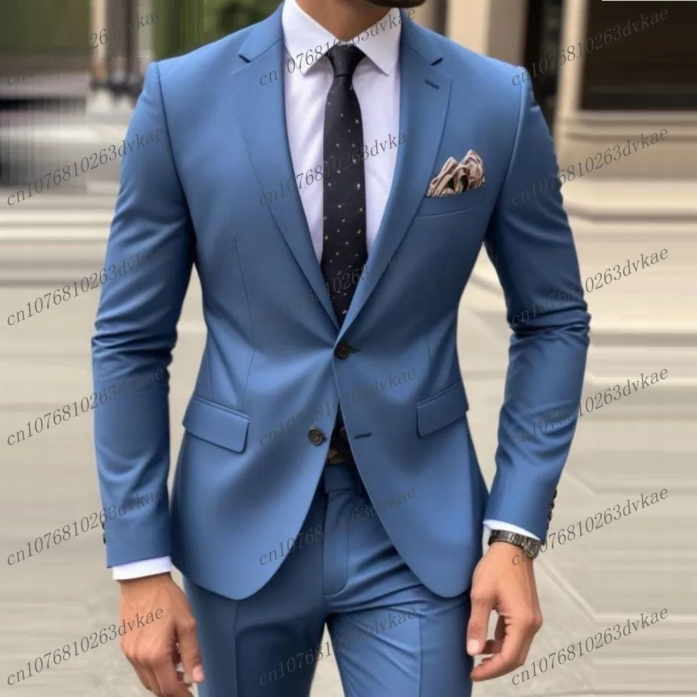 

New Blue Formal Occasions Business Men Suit Groom Groomsman Wedding Party Prom Male 2 Piece Set Tuxedos Blazer Pants