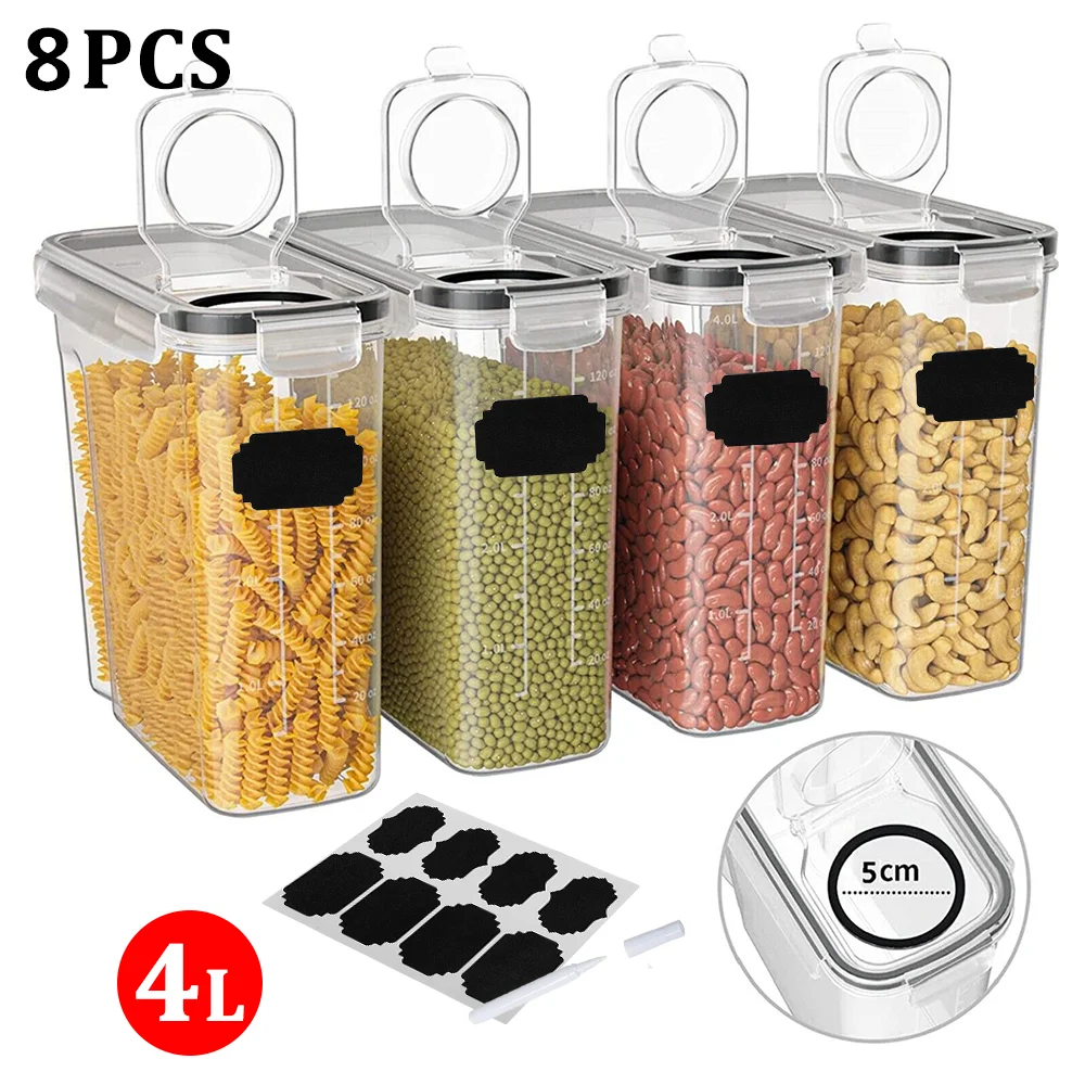 Juego de 8/4 Recipientes Herméticos para Almacenar Pasta, Cereales, Té, Café, Granos y Snacks, Organizador de Cocina