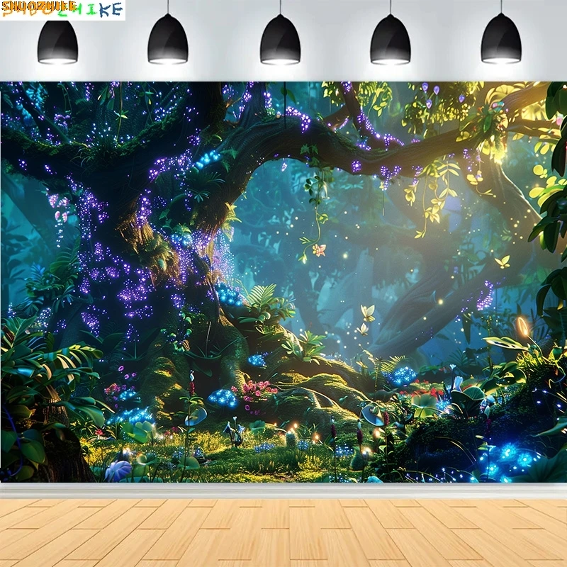 

Fairy Tale Magical Forest Photography Backdrops Mushrooms Sunlight Gingerbread House Life Tree in Wonderland Background MF-04