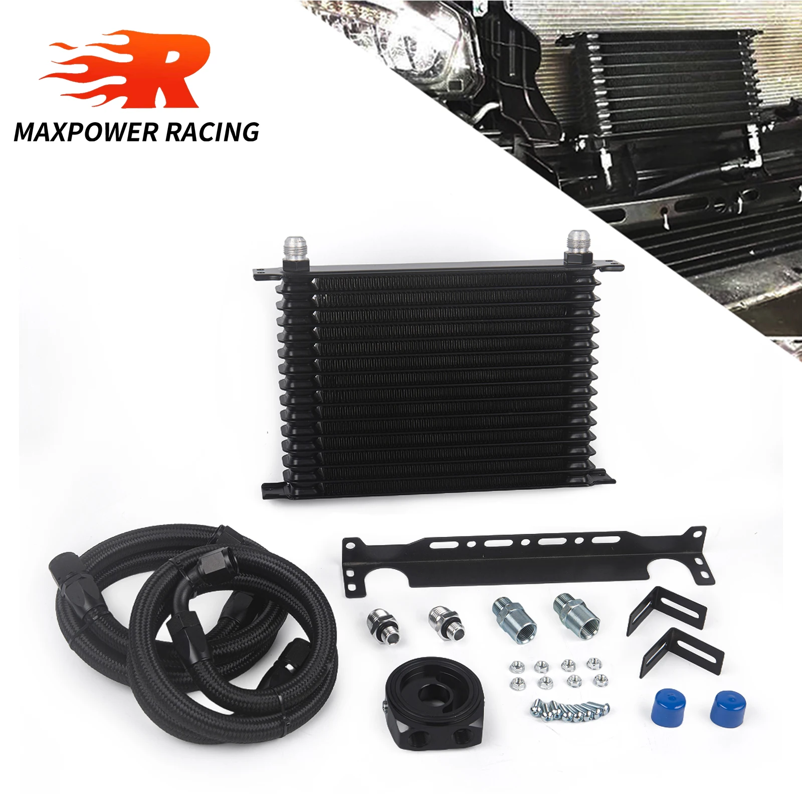 

1 Set AN10 Black 15 Rows T Oil Cooler Kit+Black/Silver Oil Filter Sandwich Adapter+Nylon Steel Braided Hose+Mounting Bracket
