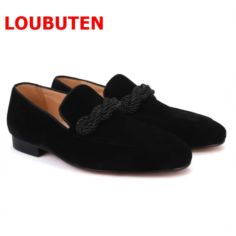 LOUBUTEN Italian Men Velvet Loafers Shoes With Ropes Handmade Dress Shoes Slip On Casual Men\'s Flats Party And Prom Shoes