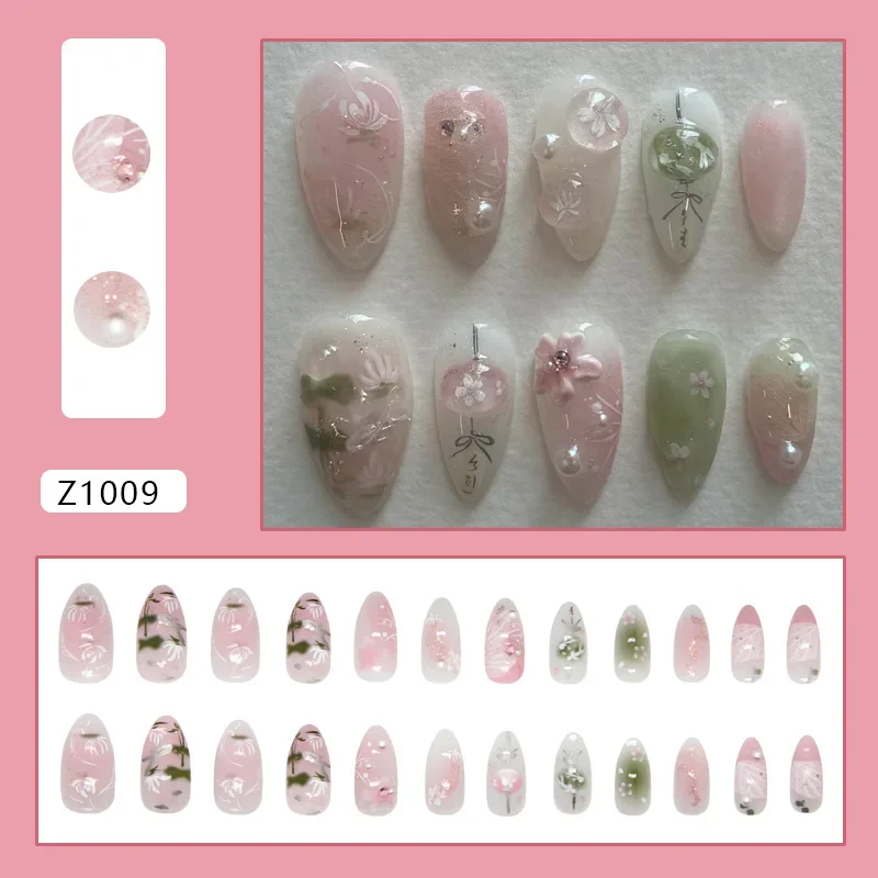 24szt Y2K Chic Press-On Nails Set - Floret & Pearl 3D Gel Design Średni migdałowy kształt z błyszczącym wykończeniem dla kobiet i dziewcząt noszonych