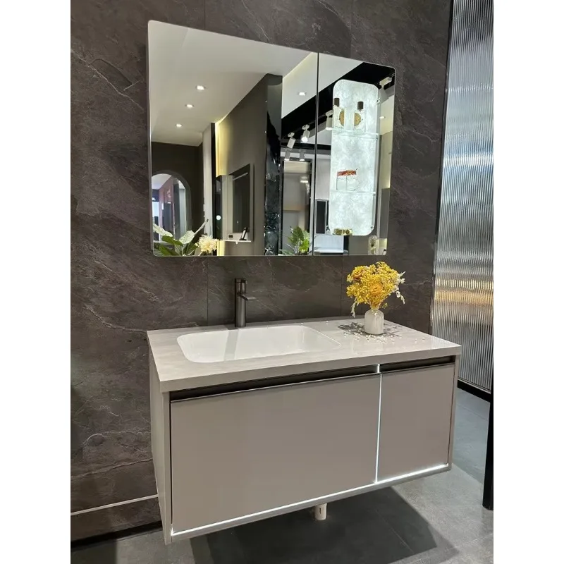 

Luxury minimalist wood rock slab bathroom furniture smart mirror bedroom bathroom vanity ceramic basin cosmetic cabinet