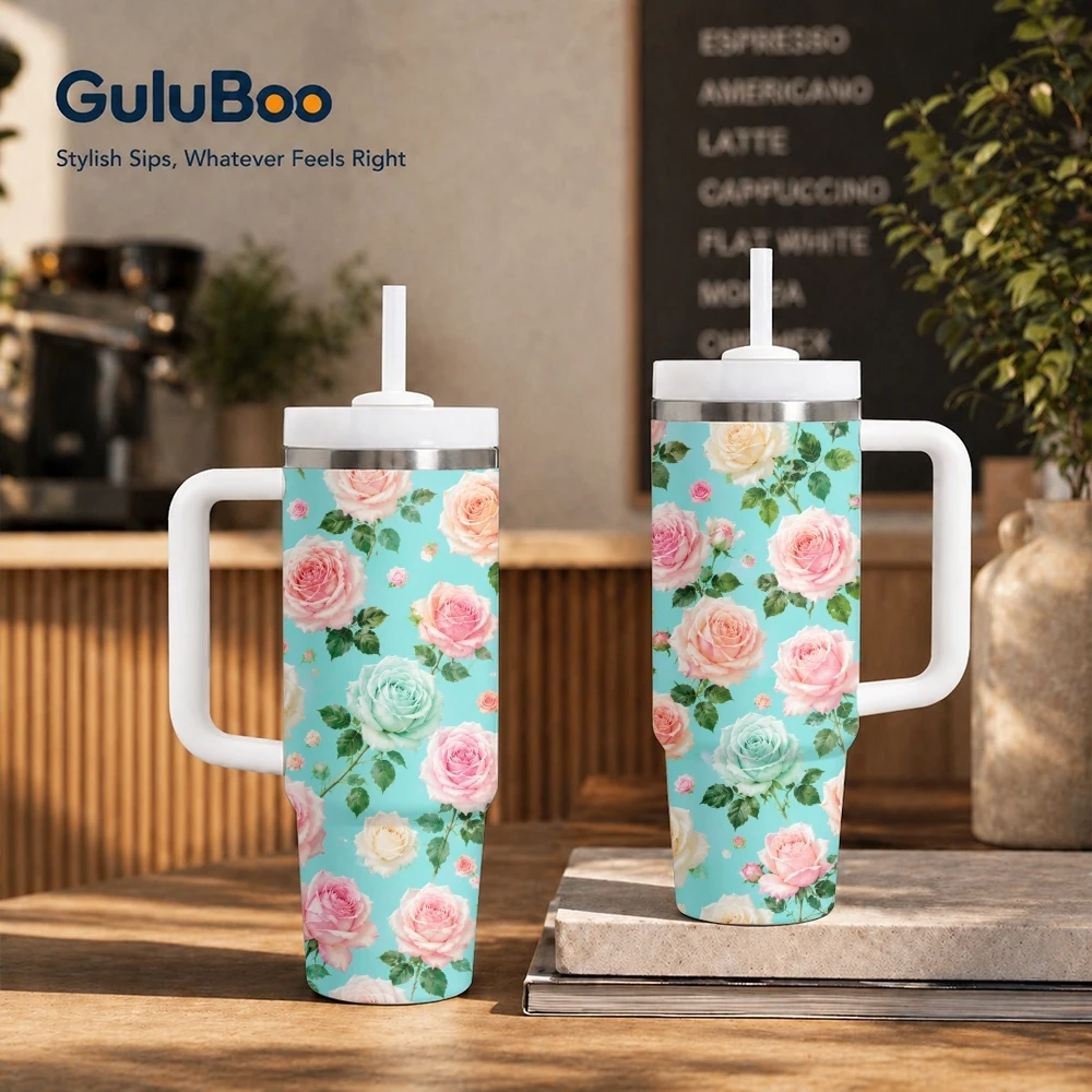 Turquoise Rose Seamless Pattern Vacuum Flasks 40oz Stainless Steel Insulated Tumbler With Handle & Straw Leakproof Travel Mug