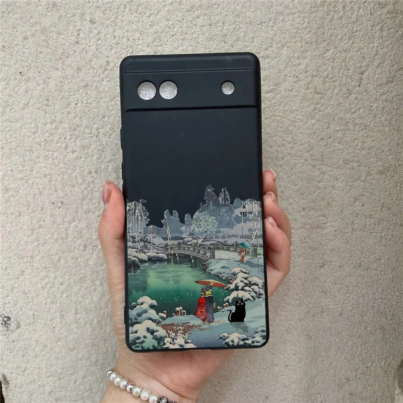 Japanese Aesthetic Black Cat Landscape Phone Case For Google Pixel 8Pro 9Pro 6 7 6A 7A Scenery Soft Silicone Cover For Google 8A