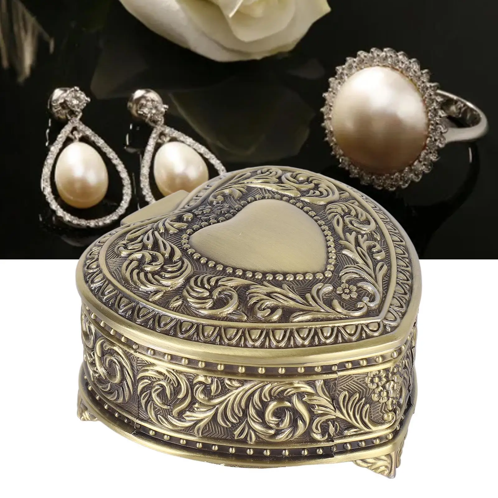 Vintage Metal Heart-Shaped Jewelry Box - Lightweight Alloy Trinket Organizer for Cosmetics & Accessories