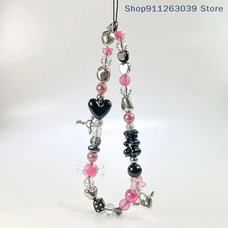 （SS）Y2K Sweet Cool Girls Cellphone Chain Rose Red Beaded Phone Lanyard Ins Style Mobile Phone Charm Keychain Wristband Pendant