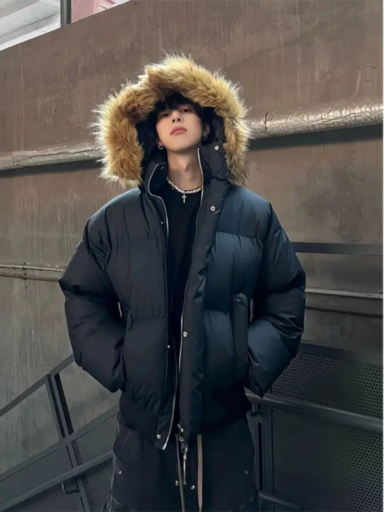 

Fur Collar Hooded Men Coats Winter American High-Street Puffer Retro Jackets Warm Thickened Loose Outerwear Punk Emo Subculture