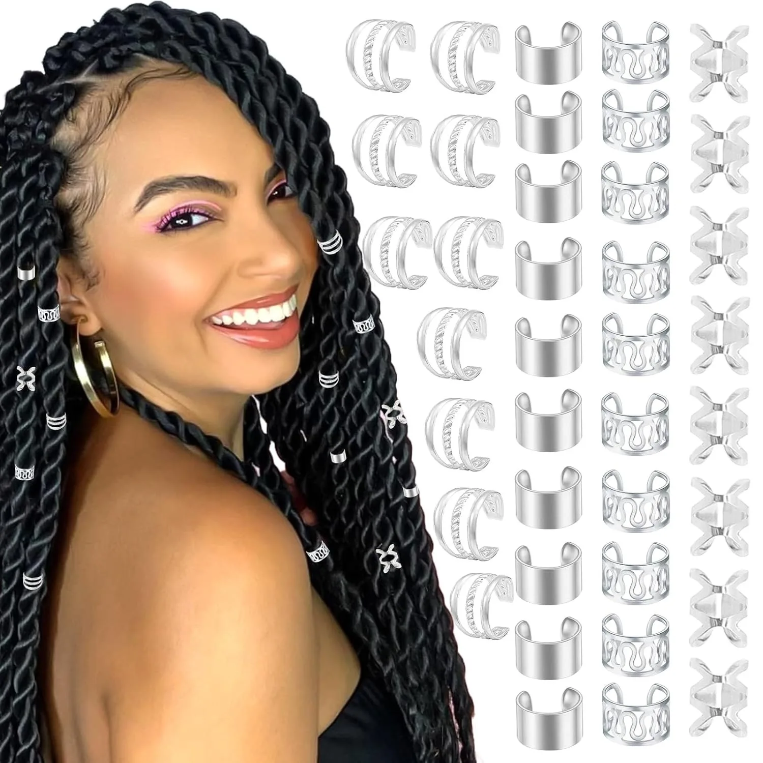 

African Braiding Accessories 40Pcs Set Colorful Hair Charms Beads Clasps Rings DIY Dreadlock Jewelry Salon Supply Kit