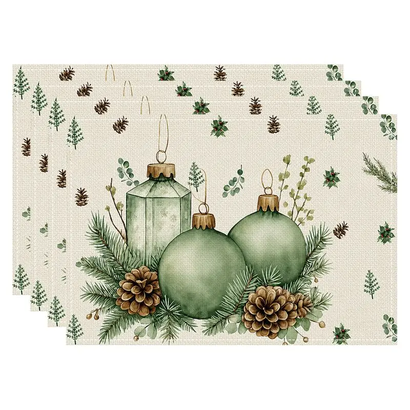VIKAMA Retro Green Christmas Ball Meal Mat Waterproof and Insulated Table Mat Holiday Party Home Restaurant Table Decor Mat
