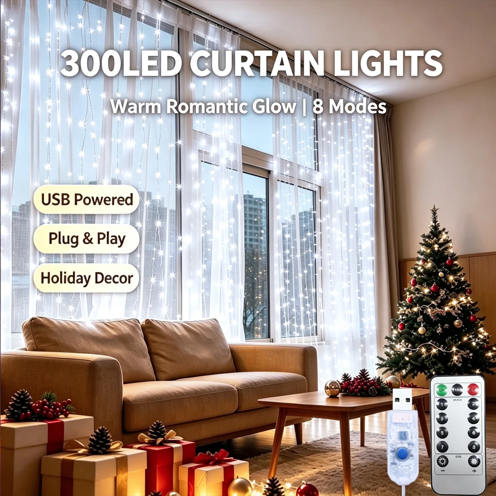 100/200/300/400/600LED Curtain String Lights USB Festoon Remote Control Fairy Garland Lights Christmas Decoration Bedroom Home