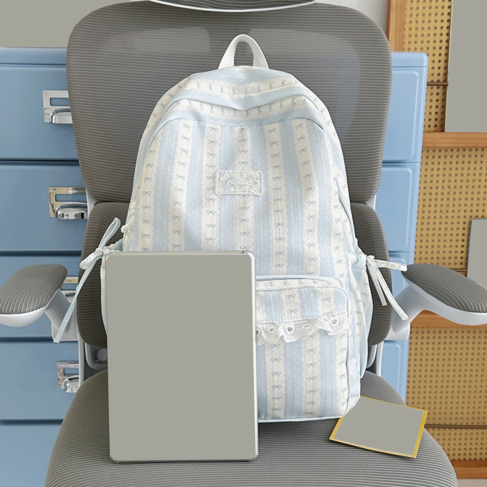Women Nylon Lovely Macaron Color Schoolbag Wide Shoulder Strap Lace Bow String Campus Rucksack Travel Shopping Date Backpacks