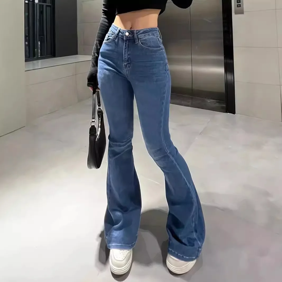 2025 Spring Harajuku Slim Jeans Female Vintage Slim Streetwear Style Retro Y2K Pants Women's High Waist Flared Denim Trouser