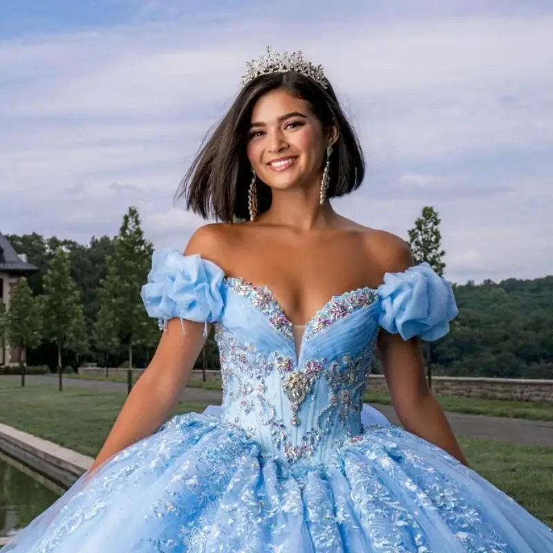 Hemelsblauw Glanzend Baljurk Quinceanera Jurken Off-shoulder Appliqué Kant Kralen Kristallen Strik Tule Feest Verjaardag Sweet 16