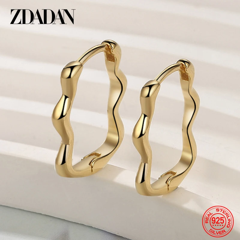 ZDADAN 925 Sterling Silver 18K Gold Square Wave Hoop Earrings For Women Fashion Jewelry
