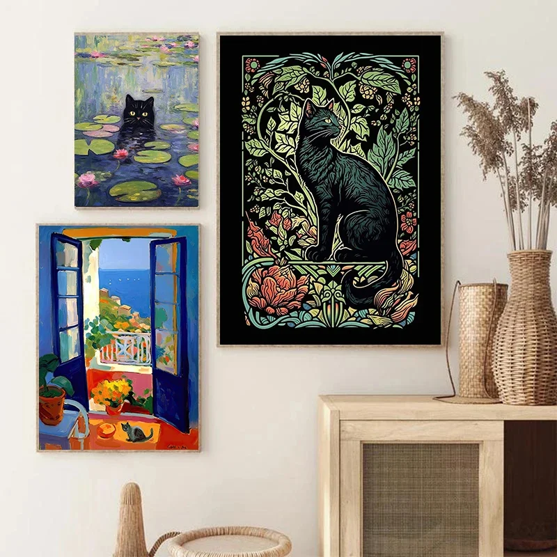 William Morris Gustav Klimt Henri Rousseau Artistic Cat Poster Canvas Painting Animal Wall Art Picture Modern Home Decor