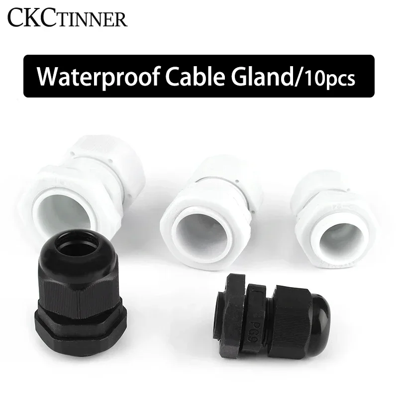 Waterproof Cable Gland 10pcs Cable entry IP68 PG7 PG9 PG11 PG13.5 PG16 PG19 PG21 PG25 PG29White Black Nylon Plastic Connector