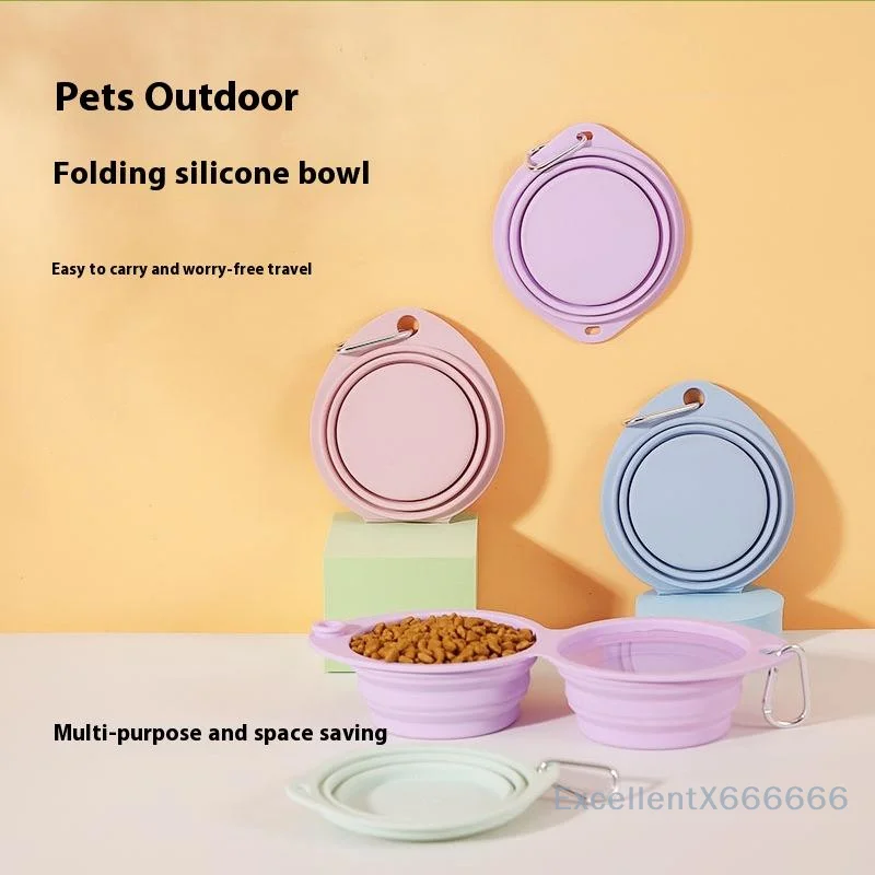 

Double-fold Silicone Pet Outing Portable Foldableing Bowl Dog Cat Food Bowl Rice Bowl Travel Bowl With Carabiner Pet Product