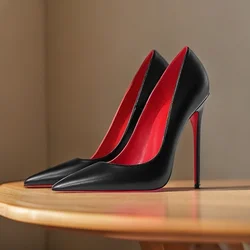 Light nude black matte leather with pointed 12cm ultra-fine heel high heels, fashionable and versatile professional shoes