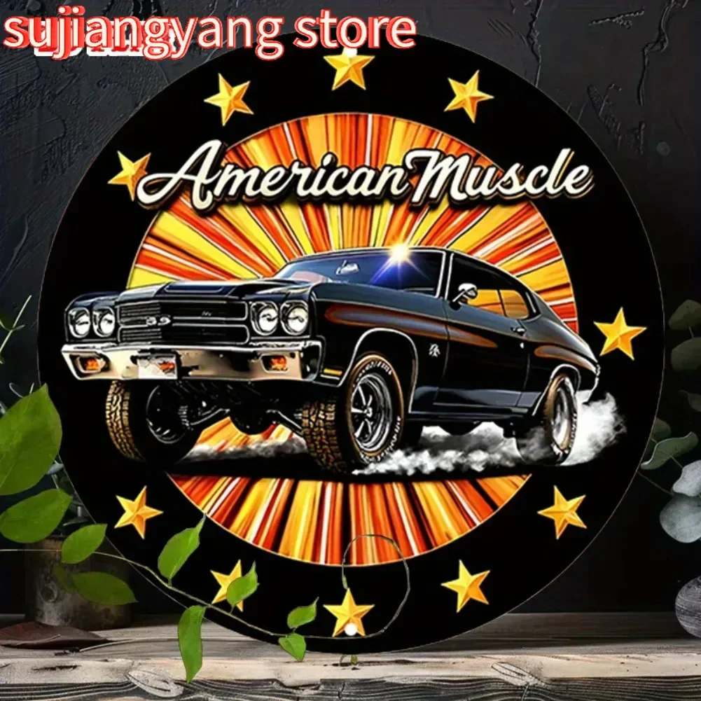 

[2D Flat] 1pc Vintage American Muscle Car Round Aluminum Sign - 7.87" Rustic Metal Wall Art with Bold "AMERICAN MUSCLE" Text