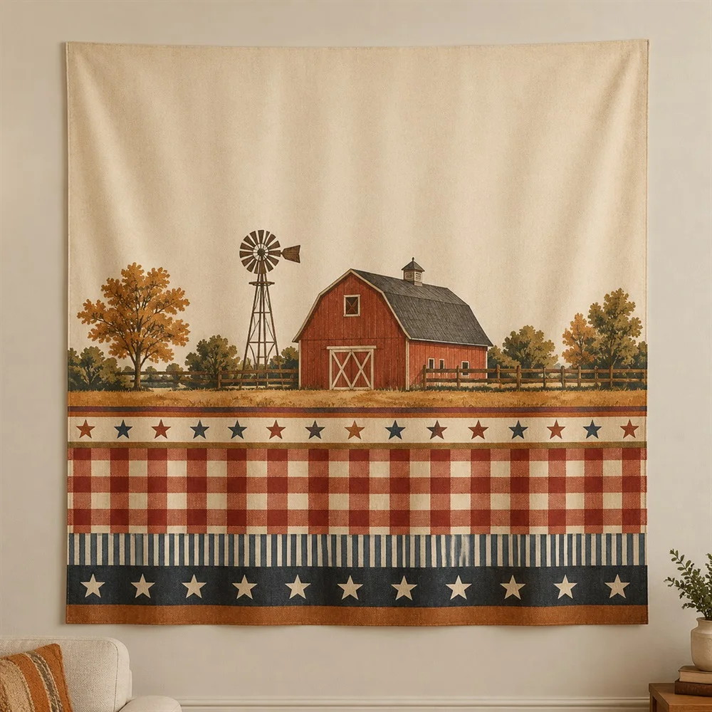 VIKAMA Plaid Check Pattern Layered Bands Tapestry Wall Hanging, American Wall Decor Tapestries for Study Living Room Bedroom