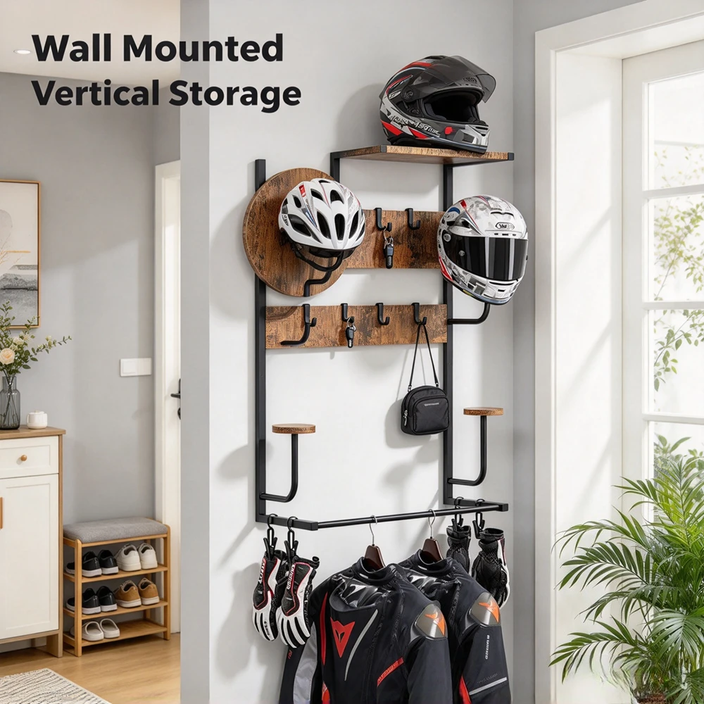 Porta caschi da moto in legno rustico da parete, con 4 ganci regolabili per cappelli, clip per guanti e spazio per riporre caschi, attrezzature, guanti, chiavi, giacche, ideale per garage, casa,
