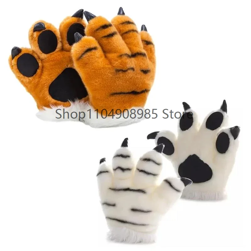 Tiger/Panda Paw Plush Gloves Striped Fluffy Animal Stuffed Toys Padded Hand Warmer Halloween Cosplay Costume Mitten