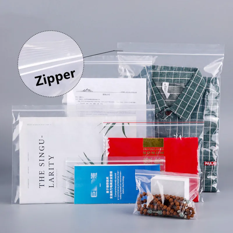 100PCS Clear Plastic Ziplock Packaging Bags Resealable Xmas Gifts Toys T-shirt Vegetables Books Magazine Snack Thick PE Pouches