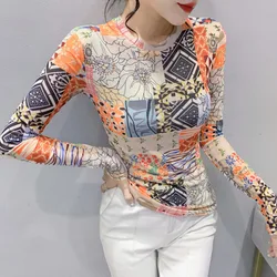 #4238 Printed Mesh T Shirt Women O-neck Sexy Vintage Short T Shirt Long Sleeve Tight Top Elasitc Women T-shirt Thin Korean Style