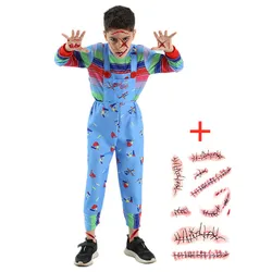 Anime Cartoon Chucky Kids Bodysuit Halloween Scary Girls Embroidered Bib Pants Kids Play House Striped T Shirt Pants Scar Tattoo