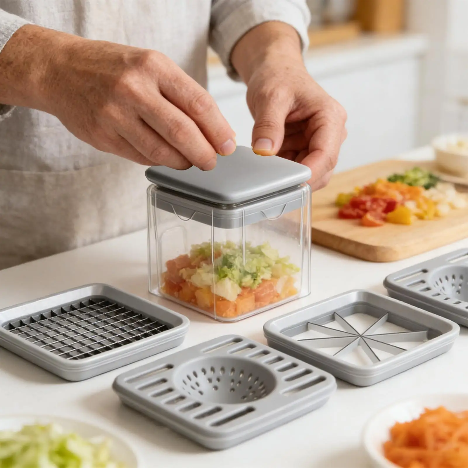 Food Chopper With Container 4-in-1 Manual Multifunctional Kitchen Utensils Chopper Vegetable Cutter For Ginger Onion Carrot
