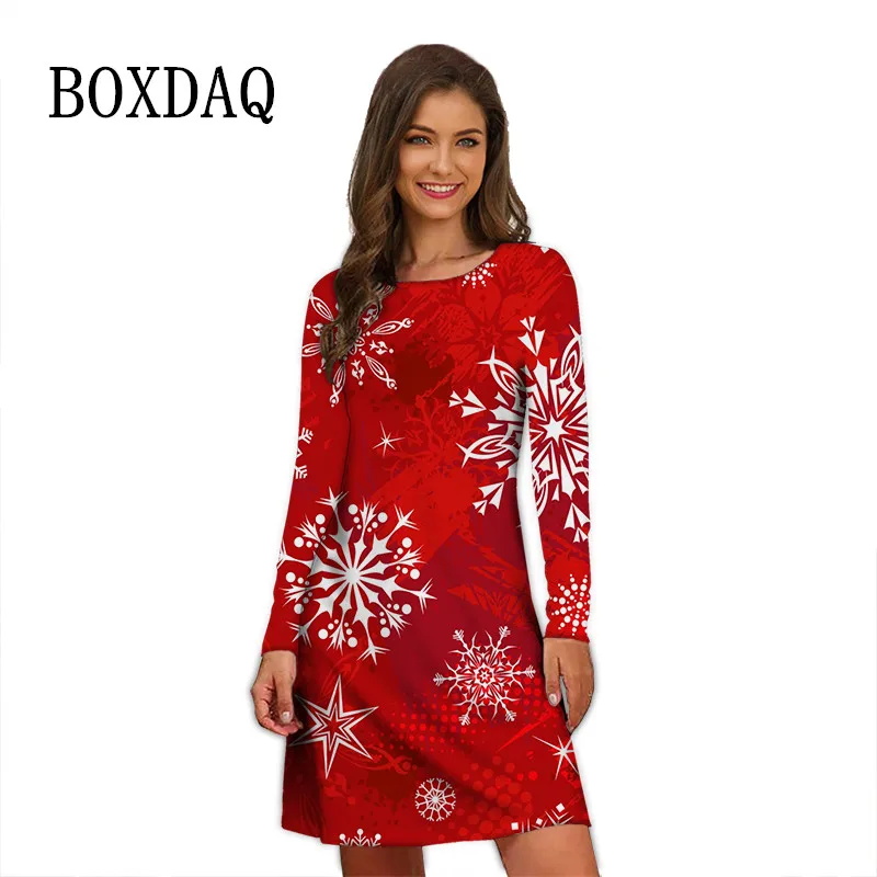 Christmas Snowflakes Print Dress Elegant Women Casual Long Sleeve Party Dress Loose Oversized Autumn Winter Mini A-Line Dresses