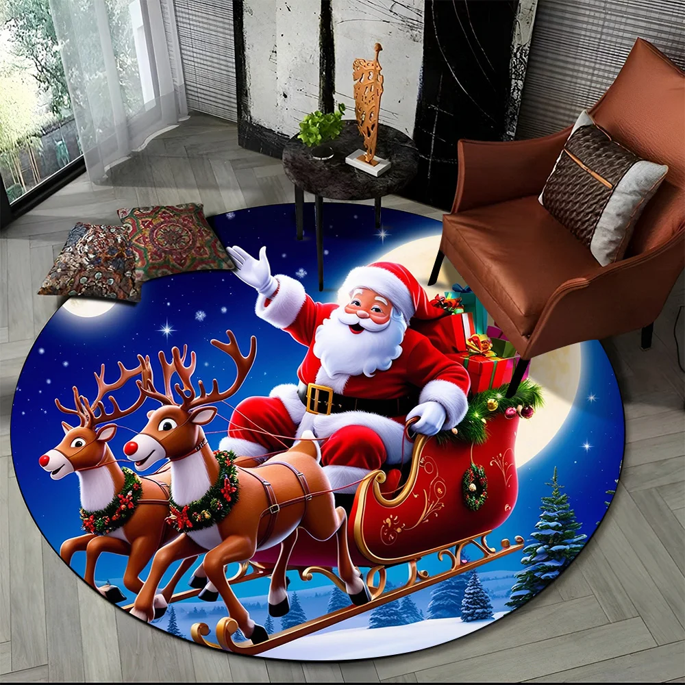 Cartoon Santa Claus Merry Christmas Snowman New Year Round Carpet Rug for Bedroom Living Room Sofa Decoration,Decor Floor Mat