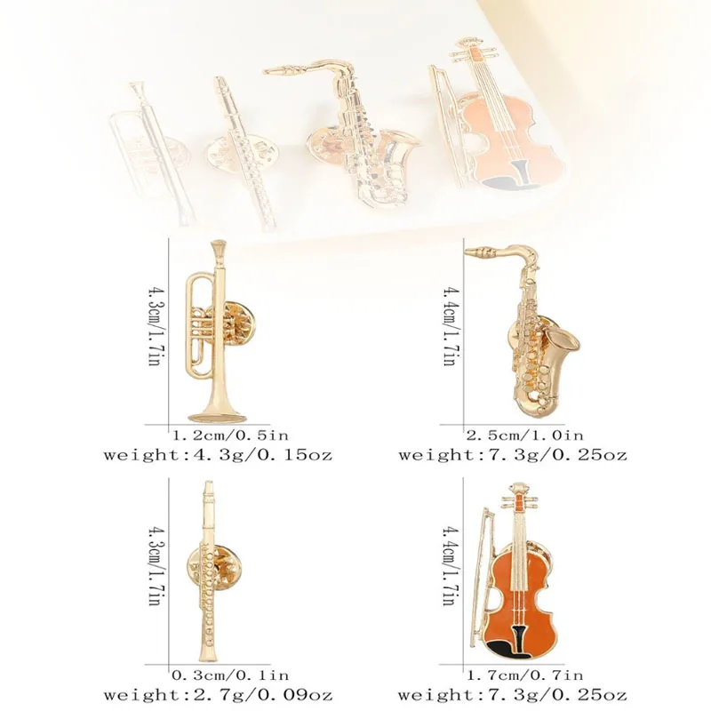 1Pcs Golden  Symphony Orchestra Badge Funny Musical Instruments Enamel Brooches Trumpet Clarinet Saxophone Violin Shaped Pins