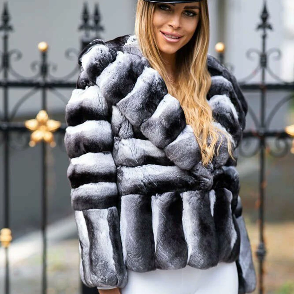 New Winter Chinchilla Fur Jacket Hooded Women Fashion Rex Rabbit Fur Coat High Street Plus Size Warm Furry Natural Fur Outerwear